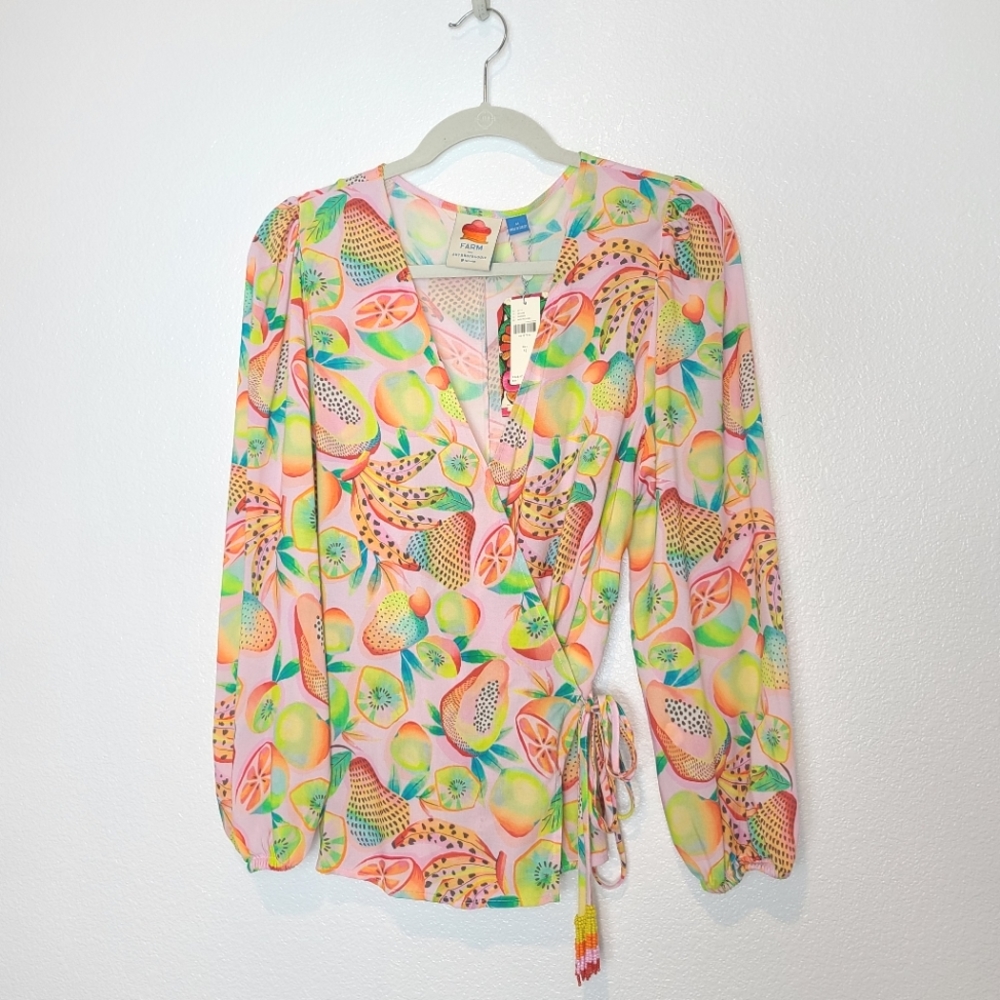 Anthropologie Farm Rio Rainbow Forest Fruits Print Wrap Blouse - Picture 3 of 13